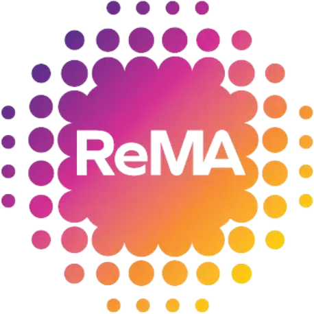 Logótipo colorido, circular, com a inscrição «ReMA».