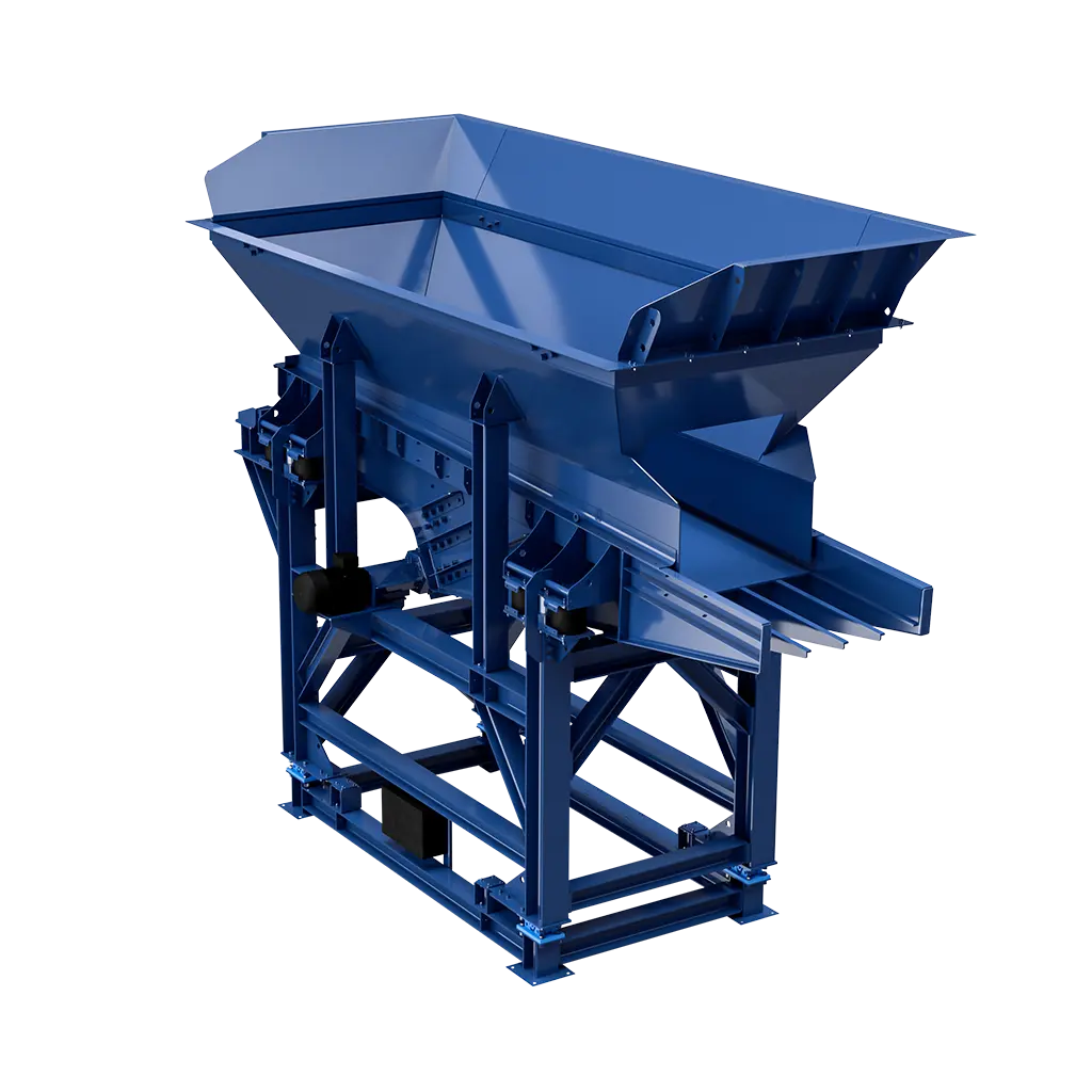 Aufgabebunker azul para alimentação de material na indústria da reciclagem.