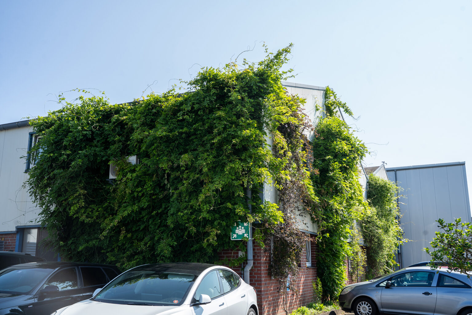 Fachada verde de um edifício com carros em primeiro plano, sustentabilidade na SPALECK.
