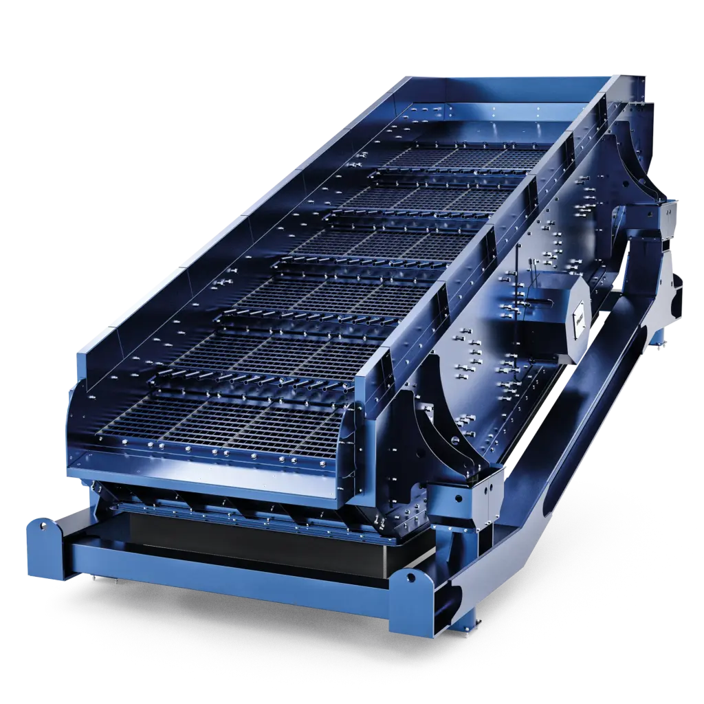 Peneira vibratória SPALECK para materiais recicláveis, apresentada sob a forma de animação. Os tabuleiros de crivagem são adaptados de forma modular ao material do cliente. O modelo aqui apresentado assenta num quadro oscilante.
