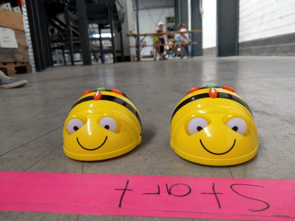 Dois robôs amarelos com a forma de abelhas num ponto de partida, num pavilhão.