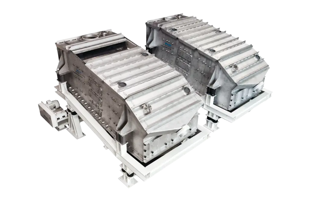Duas peneiras industriais de granulados em metal numa configuração de teste.