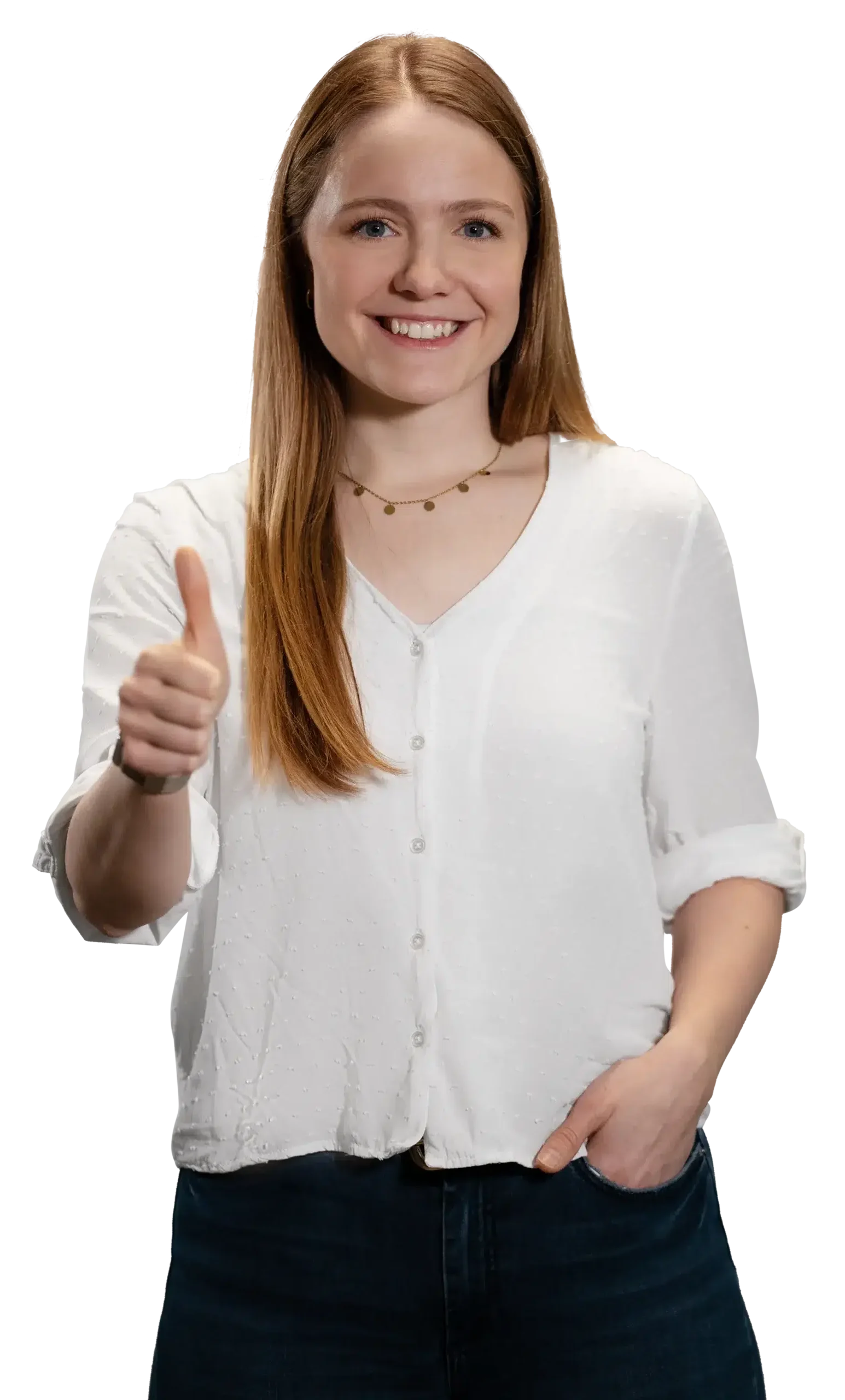 Mulher com o polegar para cima, a sorrir para a câmara.