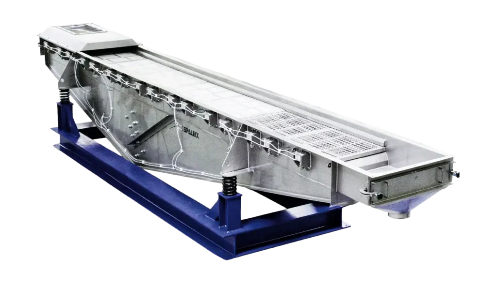 Peneira industrial com estrutura azul para controlo de qualidade.