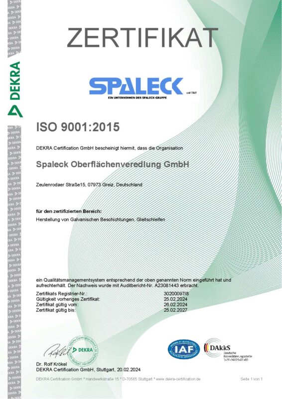 Certificado ISO 9001:2015 de garantia da qualidade de uma empresa de acabamento de superfícies.