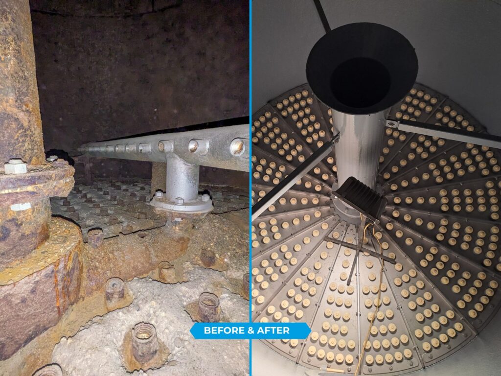 À esquerda, um filtro de cascalho antigo e entupido para o tratamento da água. À direita, a vista de cima do novo filtro.